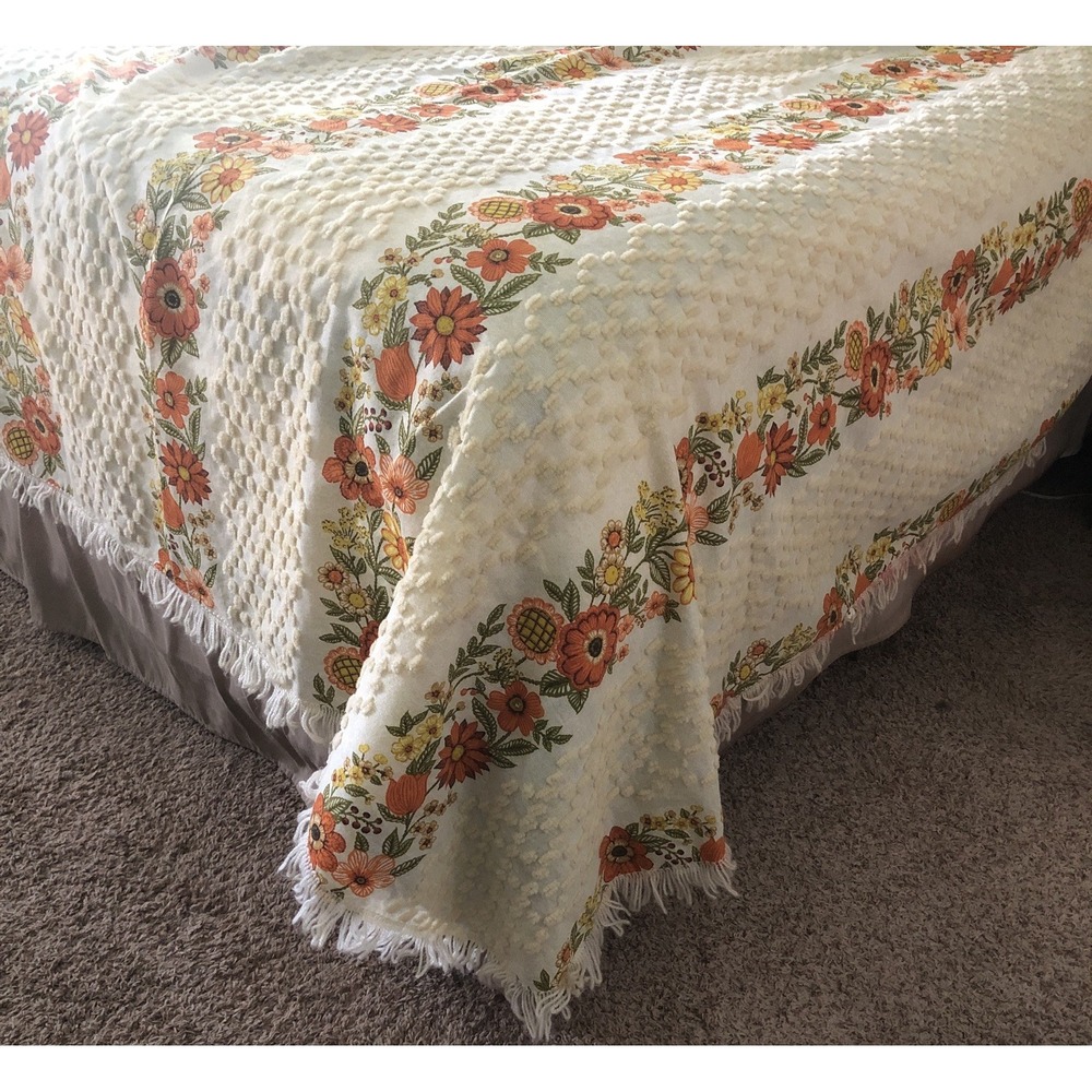 Vtg 60s Bedspread Full Size 90x105 Orange Gold & Green Floral Stripe Fringe USA
